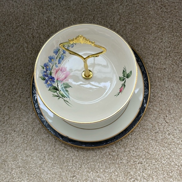 Two Tiered Jewelry Tidbit Cheese Tray Vintage CAMWOOD Ivory 22 Carat Gold Bowl - Picture 5 of 8